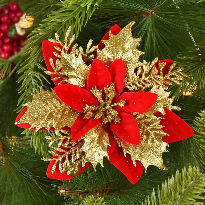 5/10Pcs 14cm Glitter Artificial Christmas Flowers Xmas Tree Ornaments Merry Christmas Decorations for Home New Year Gift Navidad