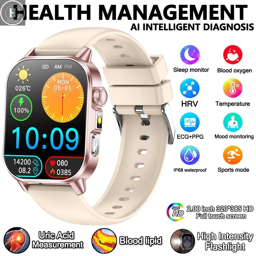 2026 New Model Uric Acid & Lipid Health Analysis Smart Watch Men ECG+PPG Bluetooth Call 2.01-inch Flashlight Smartwatch Women HALALZEN