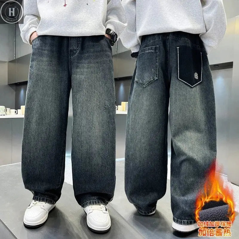 Boys Winter Warm Jeans New Style Teenage Children Trendy Brand Straight Leg Fleece Denim Pants Kids Loose Trousers HALALZEN