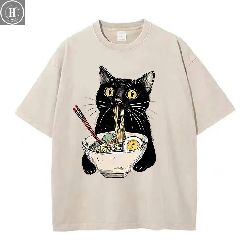 Unisex Hip Hop T Shirt Vintage Washed 100% Cotton T-Shirt Black Retro Cat Eating Ramen Graphic Tee Casual Streetwear HALALZEN