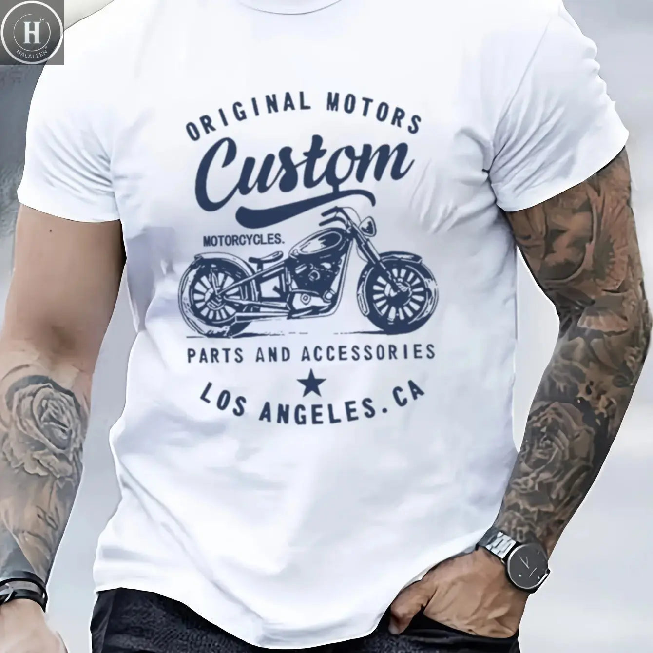 Men's 100% cotton fashionable casual loose oversized retro motorcycle pattern printed round neck short sleeved t-shirt HALALZEN