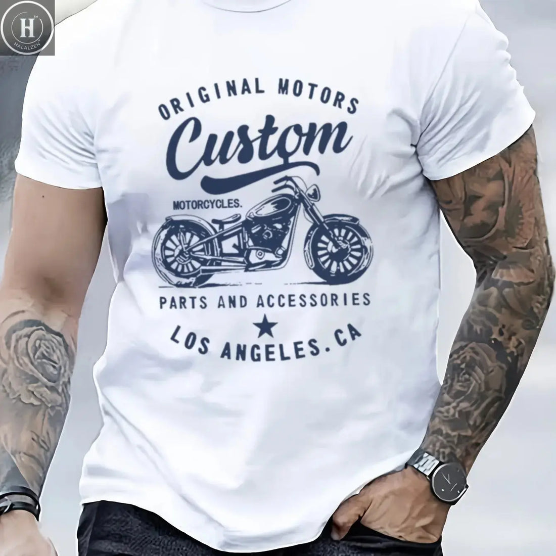 Men's 100% cotton fashionable casual loose oversized retro motorcycle pattern printed round neck short sleeved t-shirt HALALZEN