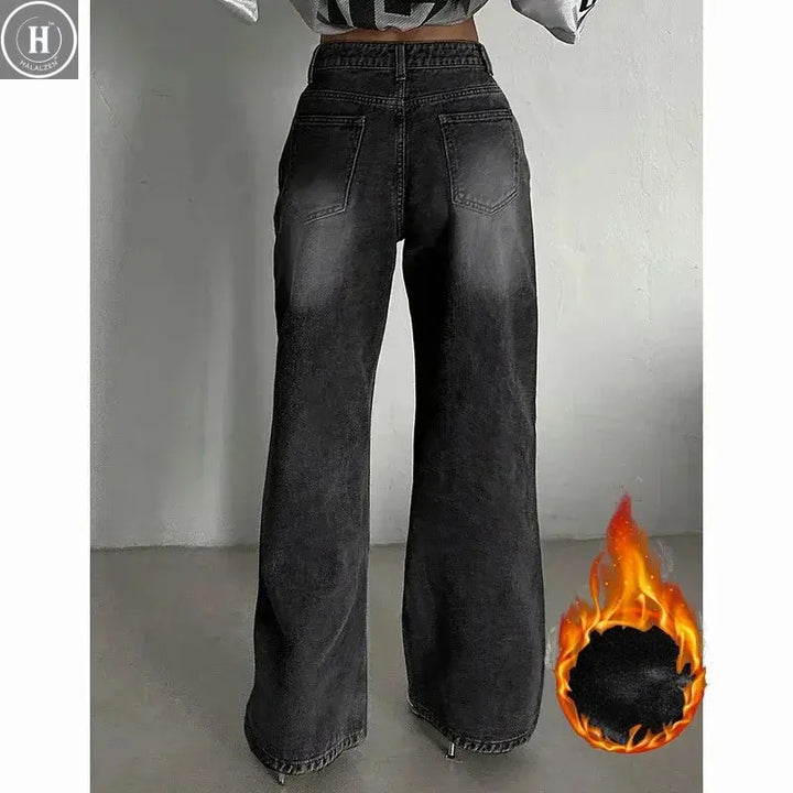 Winter Women Classic Snow Warm High Waist Jeans Girls Fleece Thermal Denim Pants Lady Baggy Straight Leg Plush Trousers Halalzen UK