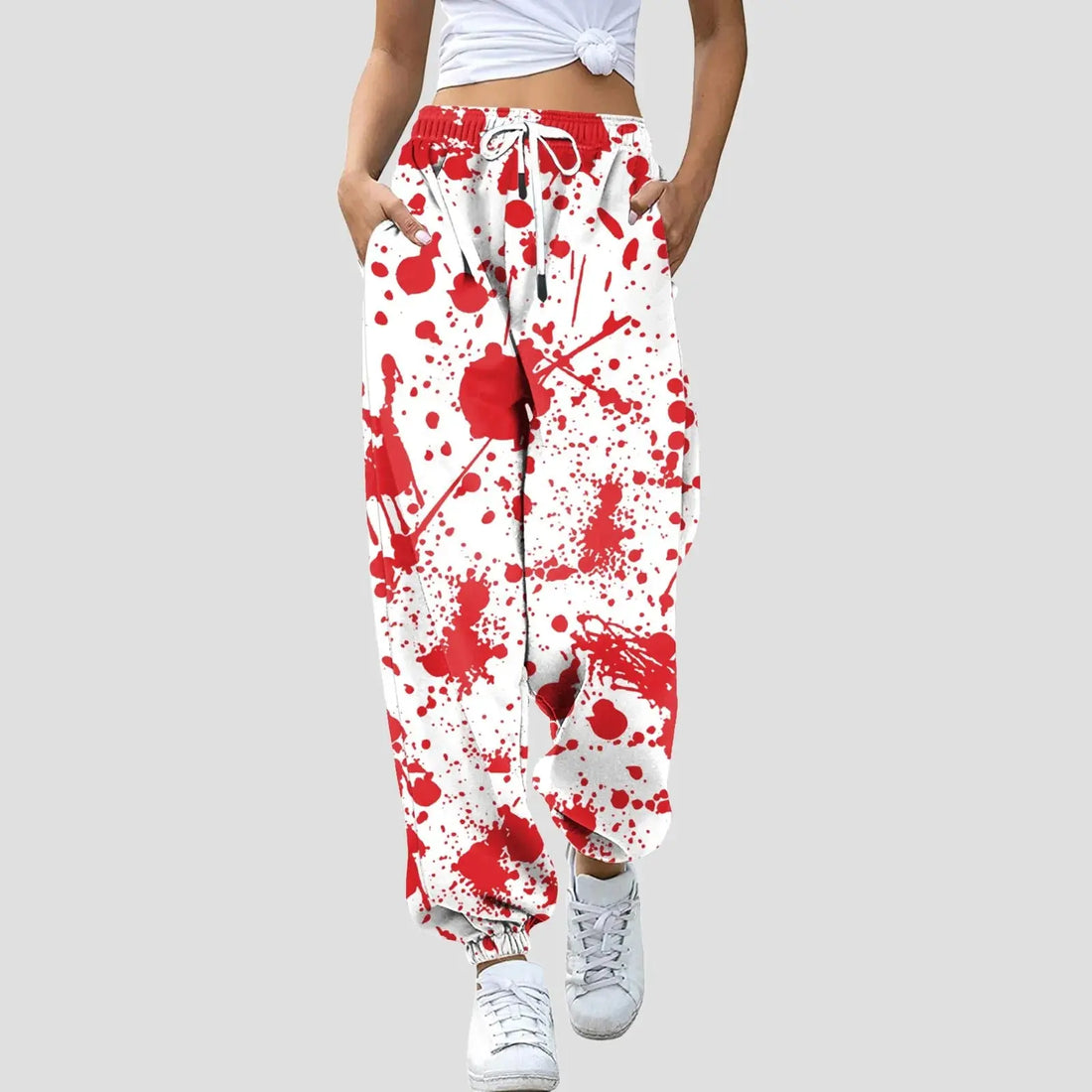 Women Halloween Blood Print Pants Bottom Sweatpants Drawstring Pockets High Waist Sporty Gym Athletic Fit Jogger Pants Trousers Halalzen UK