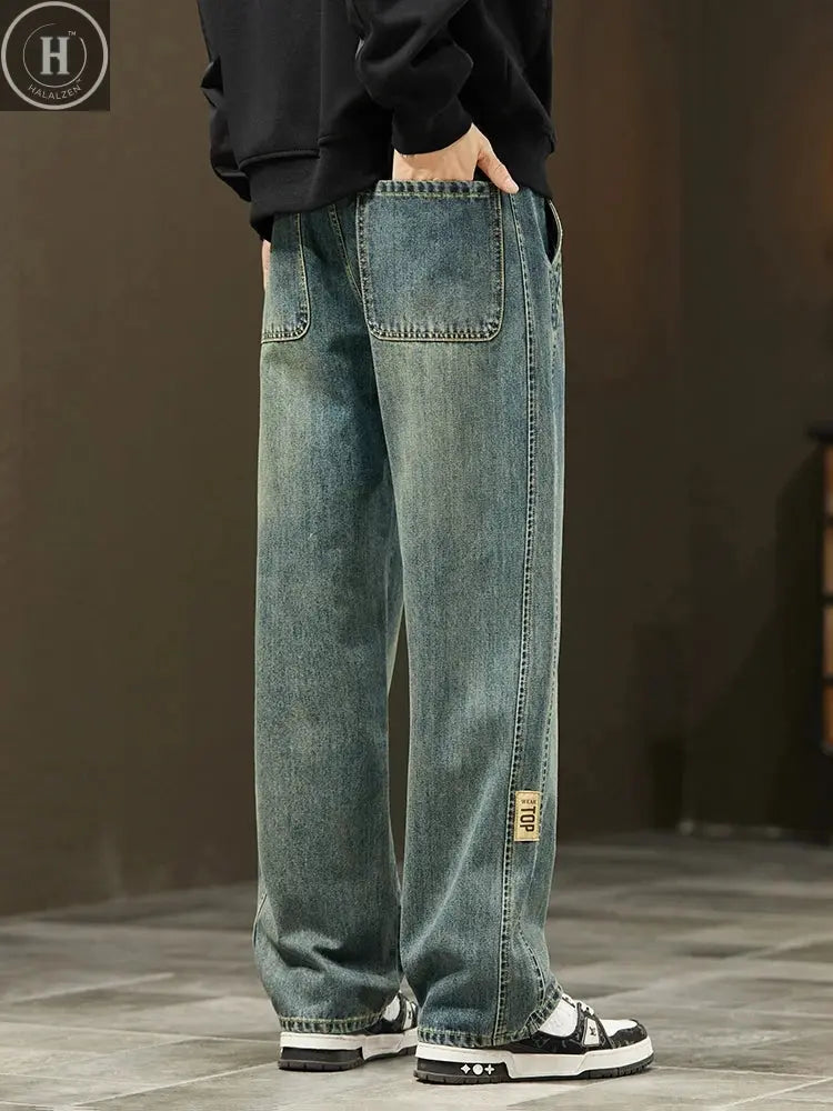 Korean Loose Wide Legs Jeans Men's Vintage Wash Denim Pants Fashion Streetwear Casual Baggy Straight Male Trousers HALALZEN