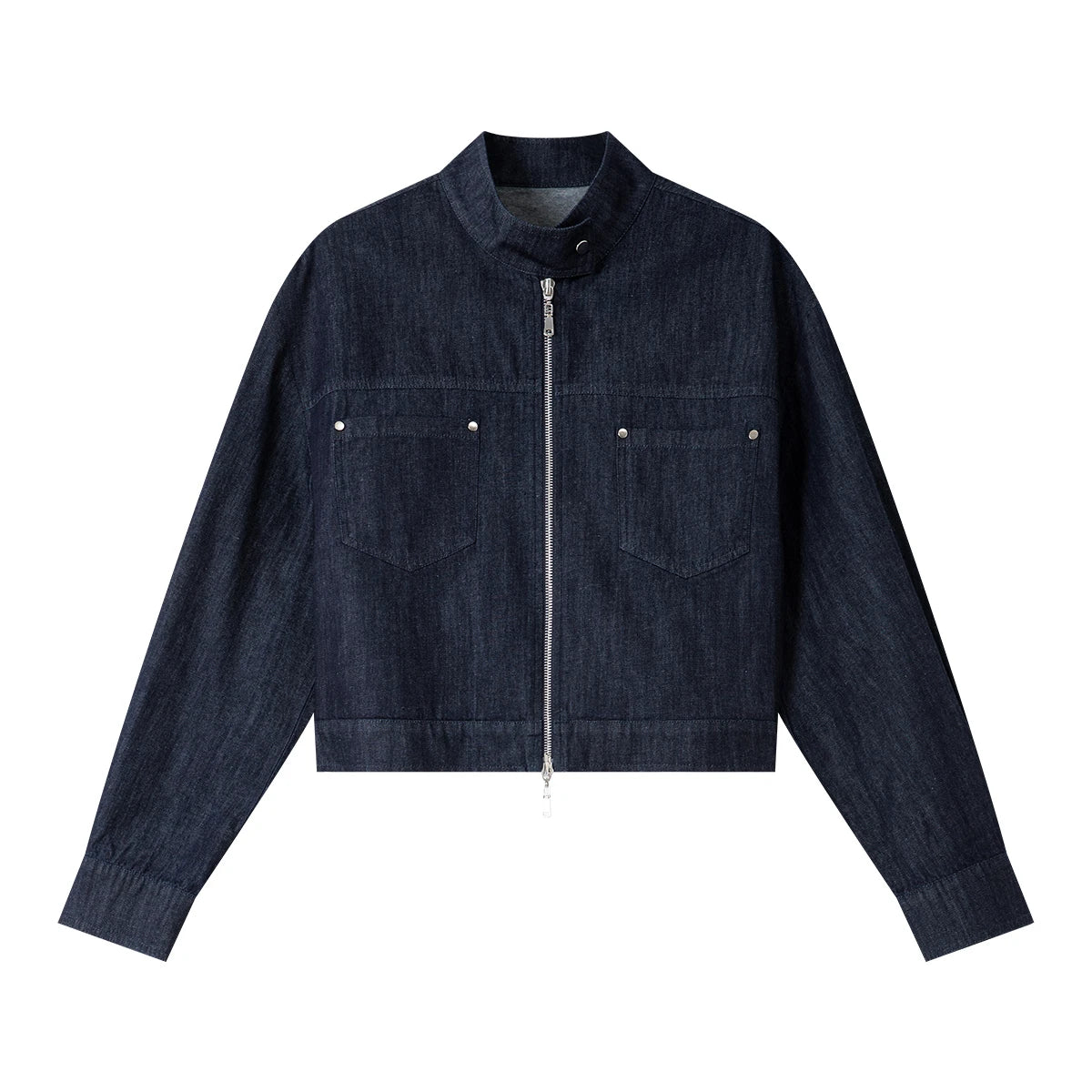 VIMLY Blue Denim Jackets Women Stand-up Collar Short Jeans Jacket Ladies 2025 Spring Autumn Zipper Loose Outerwear Woman A0616