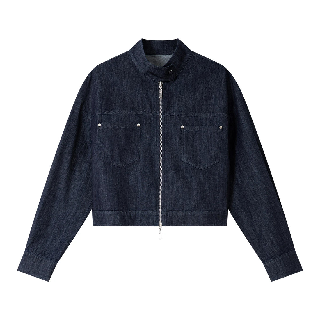 VIMLY Blue Denim Jackets Women Stand-up Collar Short Jeans Jacket Ladies 2025 Spring Autumn Zipper Loose Outerwear Woman A0616