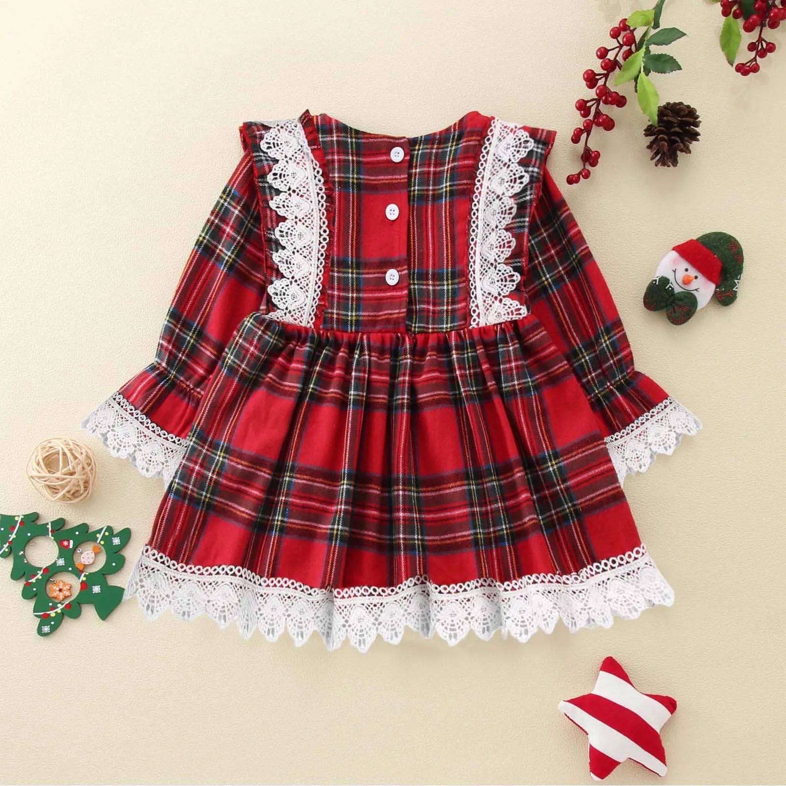 Baby Girl Dress 2025 Toddler Girls Christmas Long Sleeved Lace Plaid Printed Patchwork Dress Xmas Chiffon Outfit For Little Girl