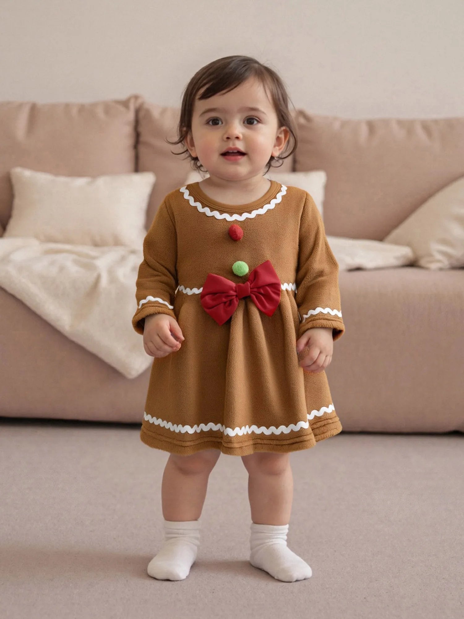 Cute Baby Boy Santa Claus Print Romper Round Neck Long Sleeves Bow Decor Christmas Jumpsuit Toddler Xmas Outfit