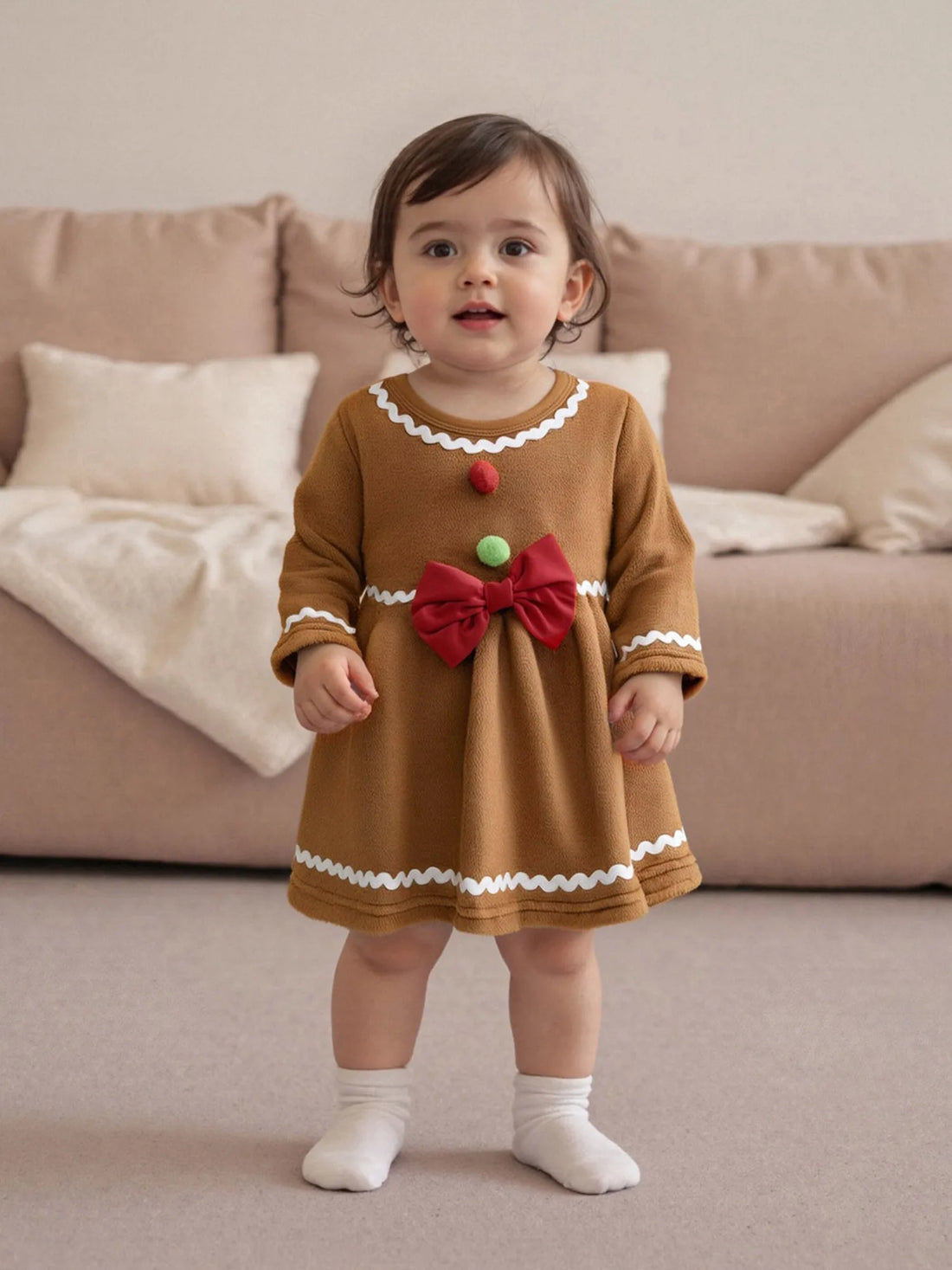 Cute Baby Boy Santa Claus Print Romper Round Neck Long Sleeves Bow Decor Christmas Jumpsuit Toddler Xmas Outfit