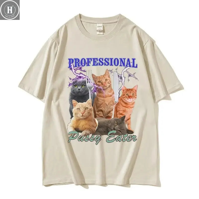 Professional Pussy Eater Funny Cat Lover Tee Shirt Men's Casual Fashion Clothing T-shirt Unisex 100% Cotton Oversized T Shirts HALALZEN