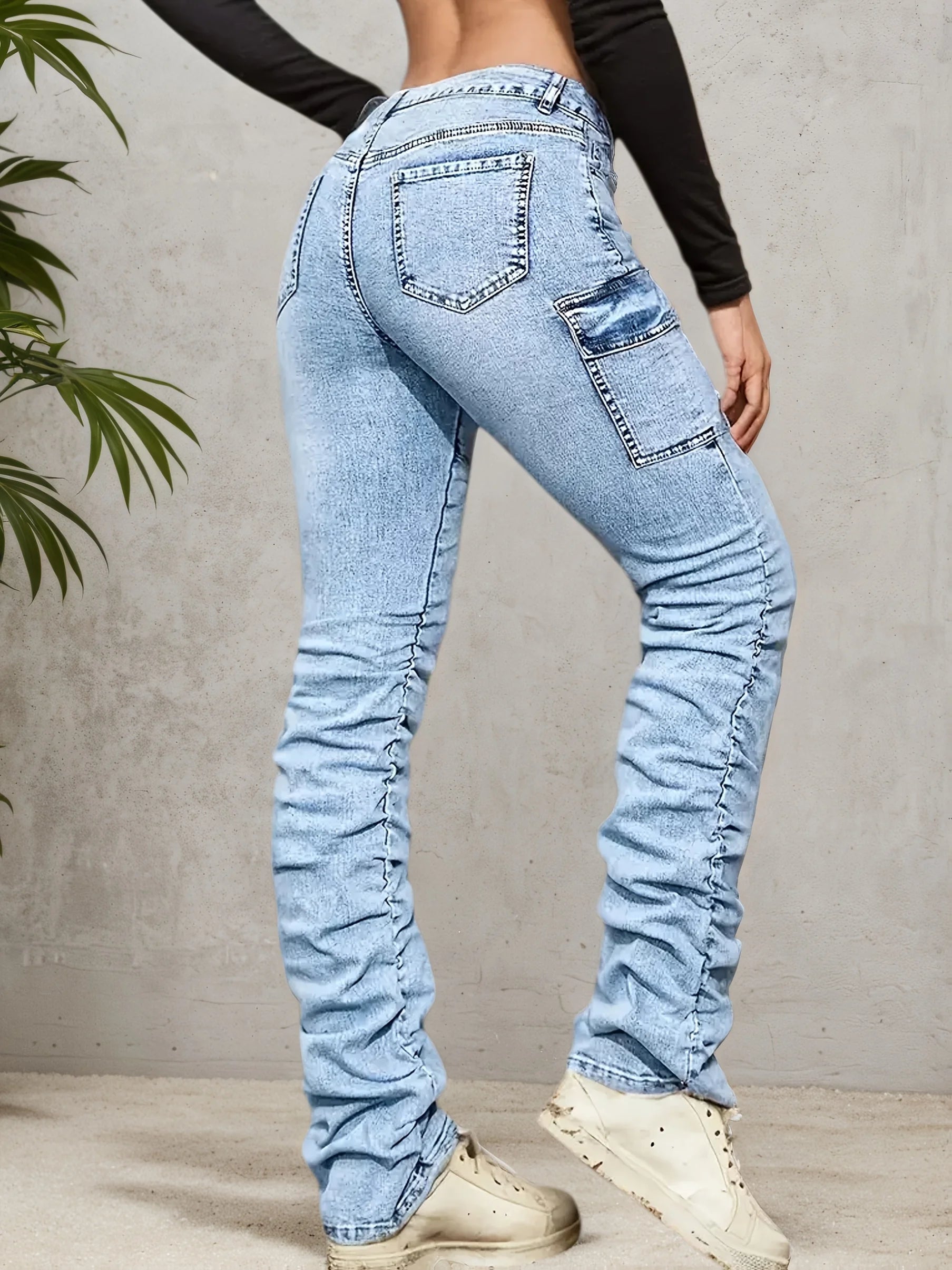 2025 women's casual high waisted jeans, elastic cotton blend, machine washable, comfortable fit, suitable for all seasons