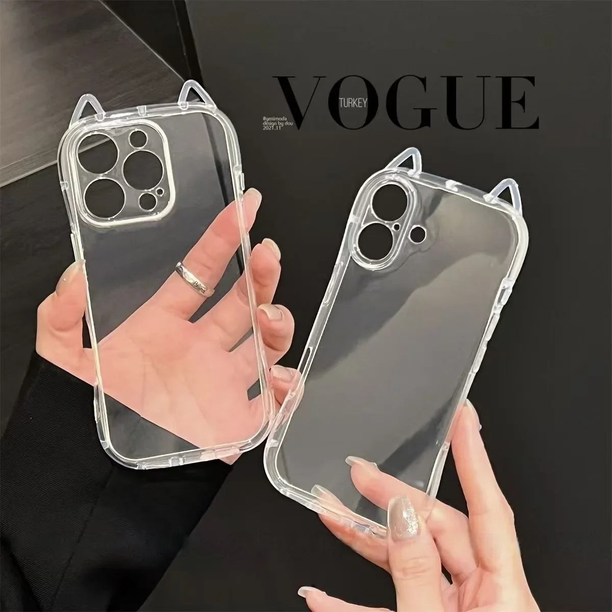 3D Hollow Out Cute Cat Ears Clear Phone Case For iPhone 17 Air 16 15 14 13 12 11 17 Pro Max Plus X XR XS Airbag Shockproof Cover