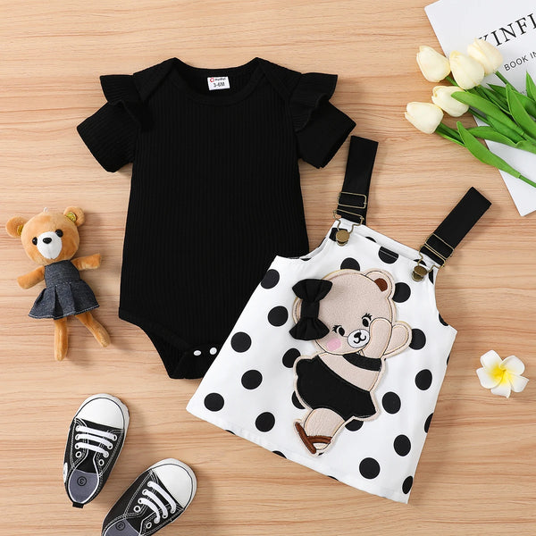 Cotton Ruffle Trim Short-sleeve Romper and Bear Graphic Polka Dots Overall Dress Sets