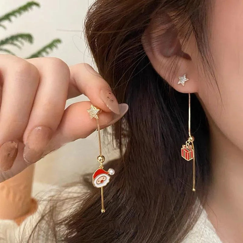 Trendy Asymmetric Xmas Santa Tassel Stud Earrings for Women Jewelry Enamel Christmas Star Tree Gift Box Pierced Dangle Bijoux