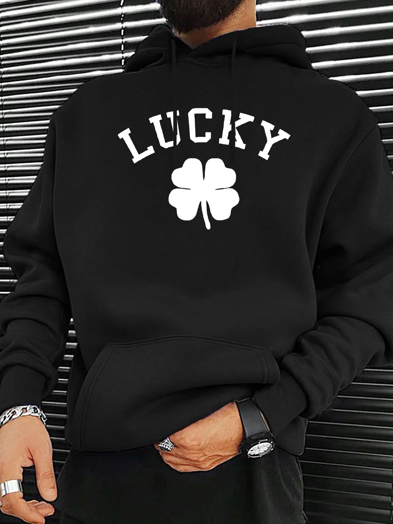 Lucky Clover Men's Hoodie LUCKY and Clover Printed Pattern Suitable for Outdoor Sports Fashion Hoodie Machine Washable as Gift