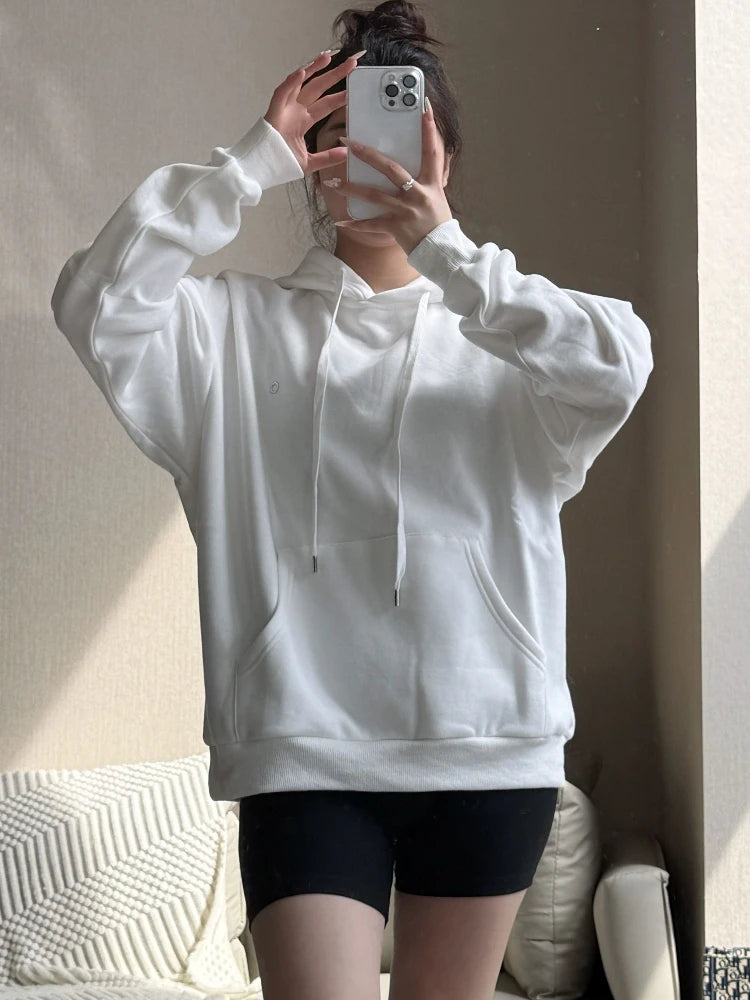 Sports Sweatshirt Women White Cotton Casual Drawstring Loose Pullovers Solid Black Fashion Classic Letter Women's Hoodies Autumn