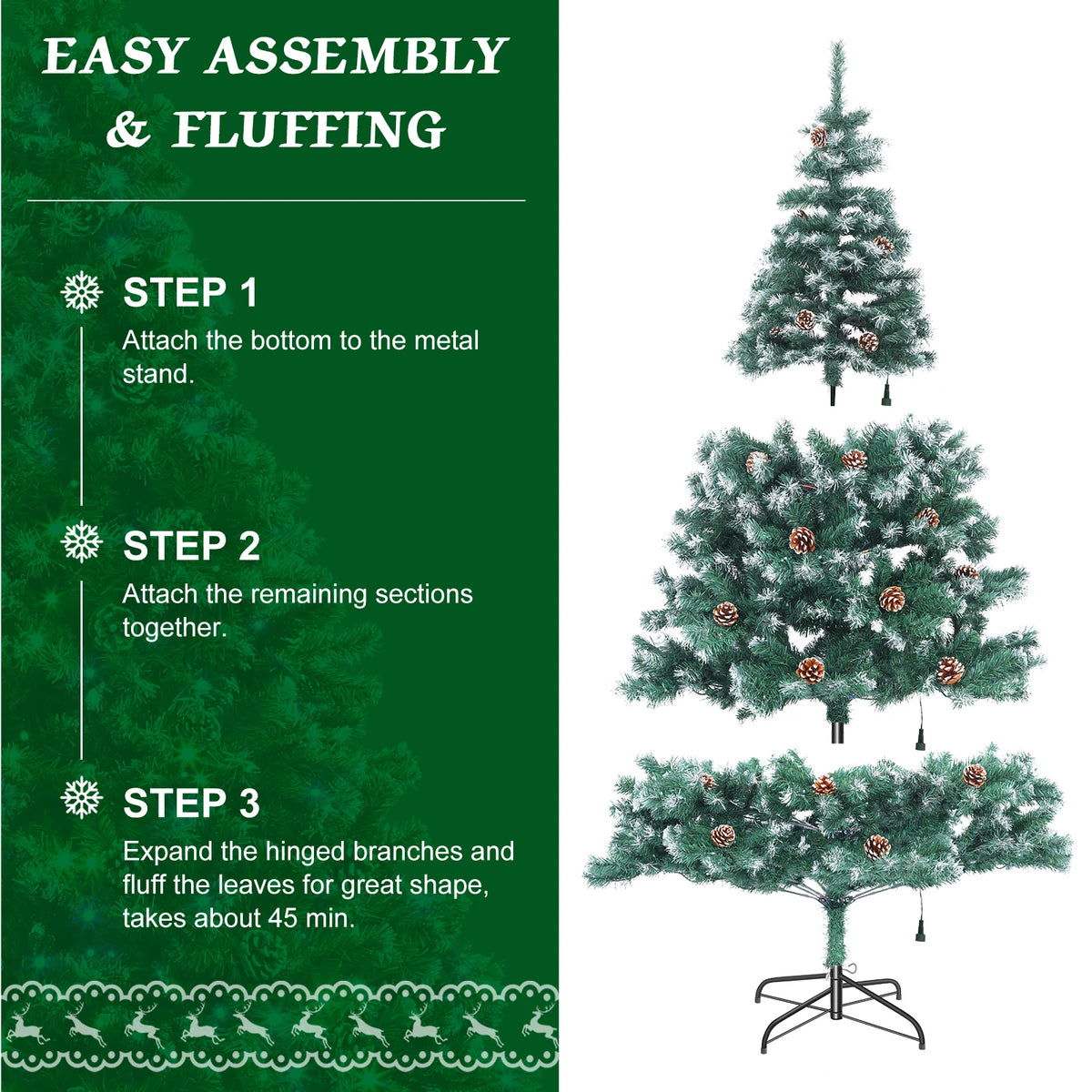 7.5 Ft Pre-Decorated Pencil Christmas Tree Holiday Tree w Clear Lights Pine cones 955 PVC Flocked Frosted Tips 400 LED Lights