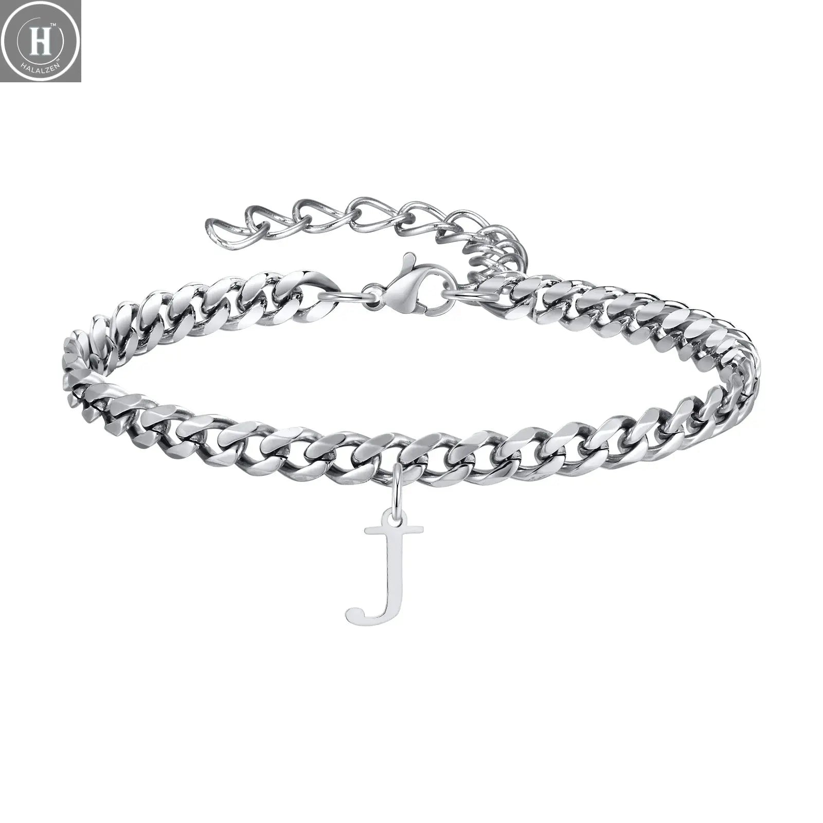 Mens Initials Cuban Links Bracelets,Stainless Steel A-Z 26 Letters Alphabet Charm Chain Wristband Adjustable,Casual Jewelry Gift HALALZEN