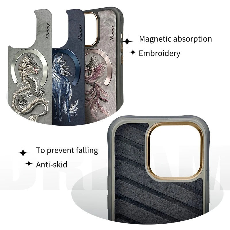 Dragon Phoenix 3D Embroidery Protective Case For iPhone 16 Pro Max Magnetic Wireless Charger Trend Original Fashion Cover