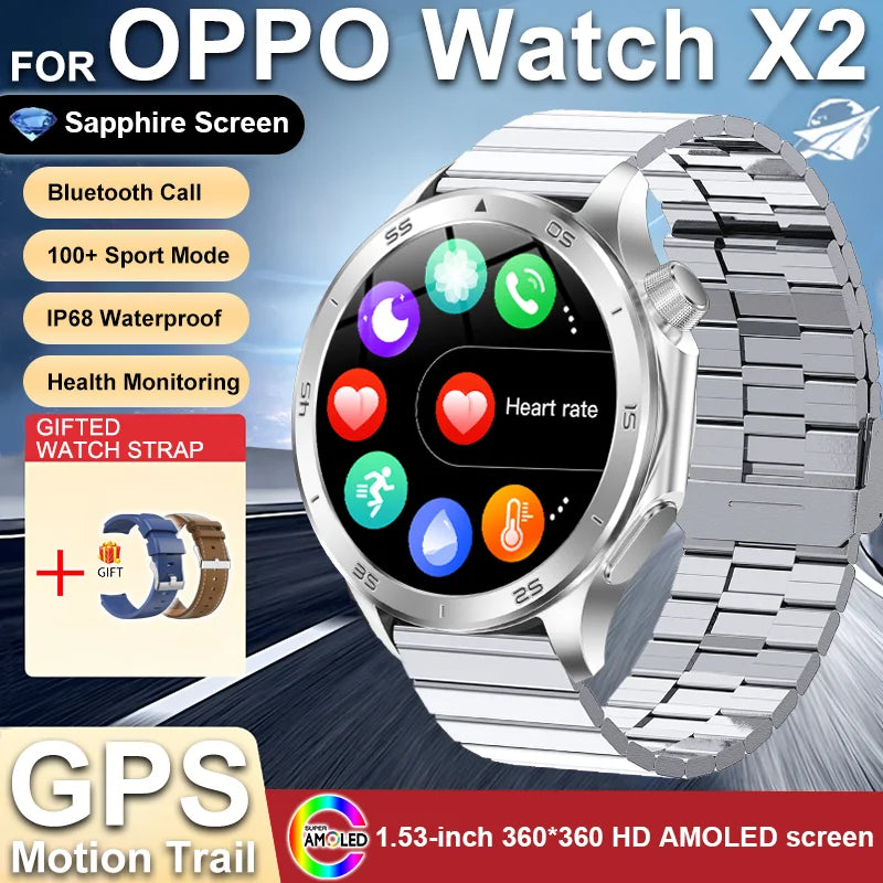 2025 New For OPPO Watch X2 GPS Smart Watch Men Bluetooth Talk Heart Rate Sports Fitness Tracker IP68 Waterproof Smartwatch Man