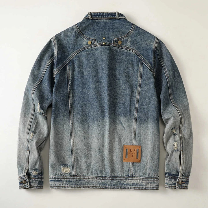 Men Stand Collar Loose Casual Gradient Splice Washed Denim Rivet Punk Rock Motorcycle Jacket Cityboy Plus Size Jeans Coat