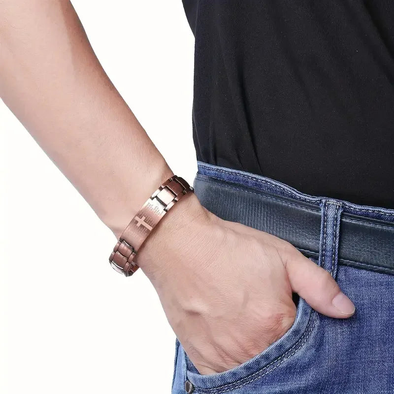 1 piece of copper magnetic bracelet, male version with dual-row magnets, featuring a chain with a cross pattern, hypoallergenic