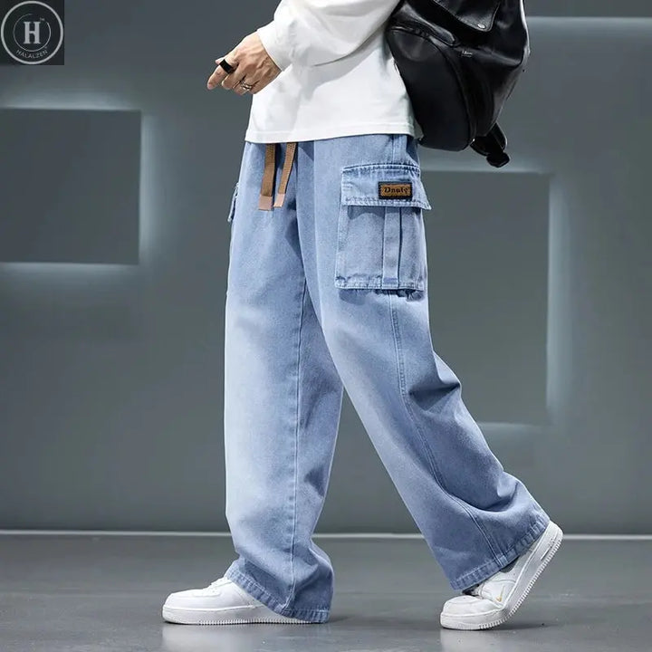 Autumn New Wide Leg Washing Jean Pants Men Trousers Neutral Solid Color Loose Casual Fashion Pocket Cargo Pants Big Size 8xl HALALZEN