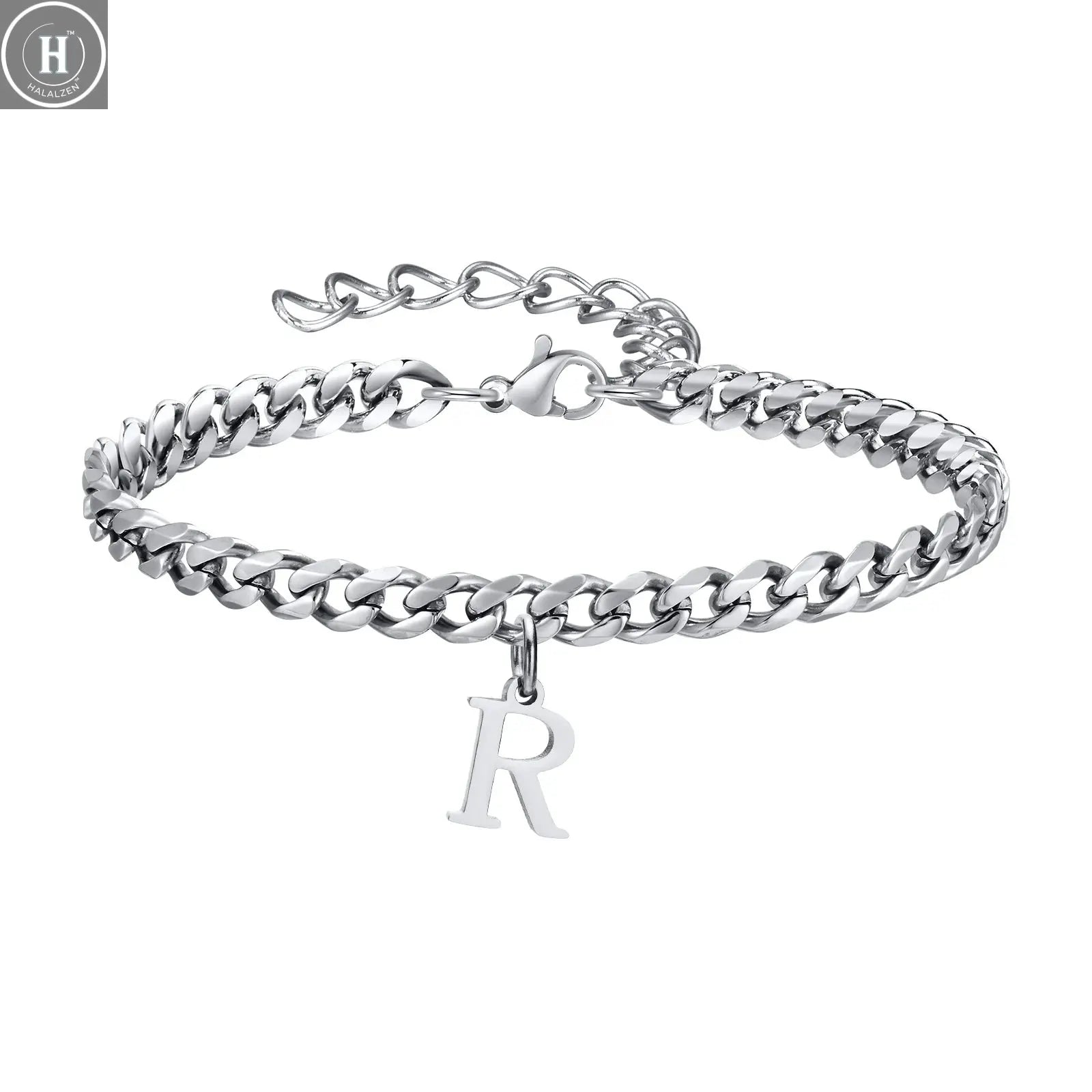 Mens Initials Cuban Links Bracelets,Stainless Steel A-Z 26 Letters Alphabet Charm Chain Wristband Adjustable,Casual Jewelry Gift HALALZEN