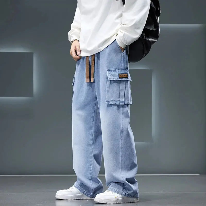 Autumn New Wide Leg Washing Jean Pants Men Trousers Neutral Solid Color Loose Casual Fashion Pocket Cargo Pants Big Size 8xl HALALZEN