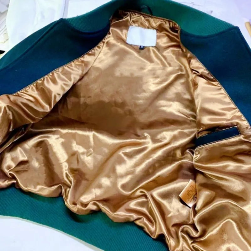 Mens Retro Autumn Winter Natural Sheepskin Patchwork Baseball Jacket Stand Collar Single Breasted Loose Fit Casual Outerwear