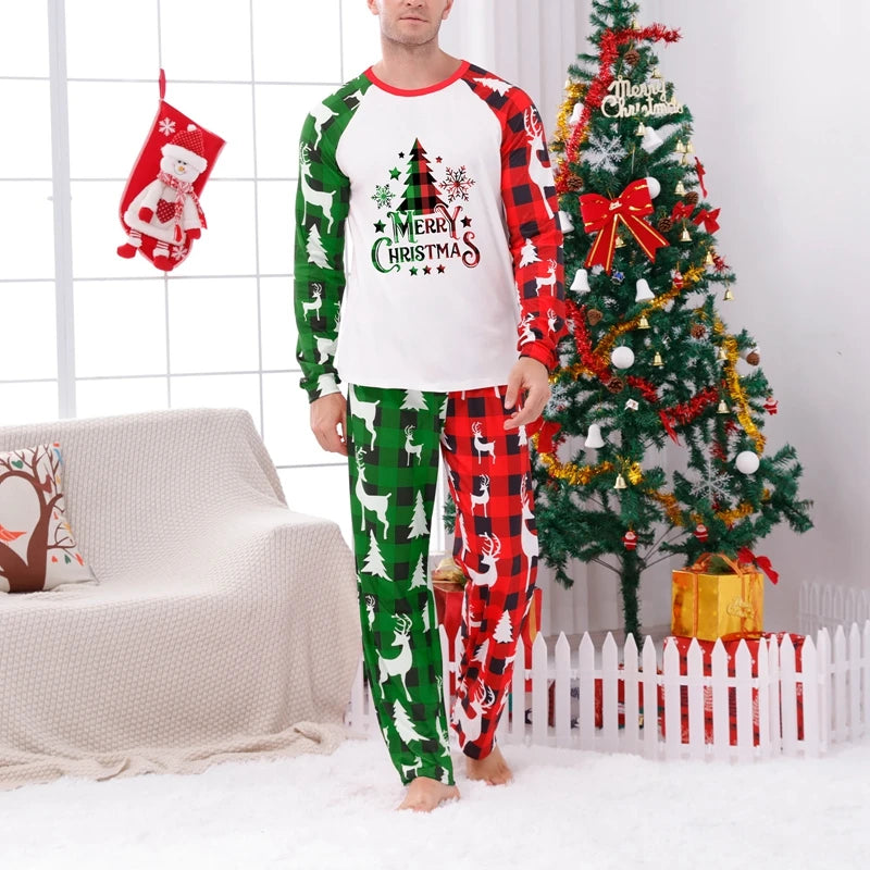 Christmas Family Pajamas Matching Set Reindeer Print Long Sleeve Tops and Striped Pants Sleepwear for the Holidays