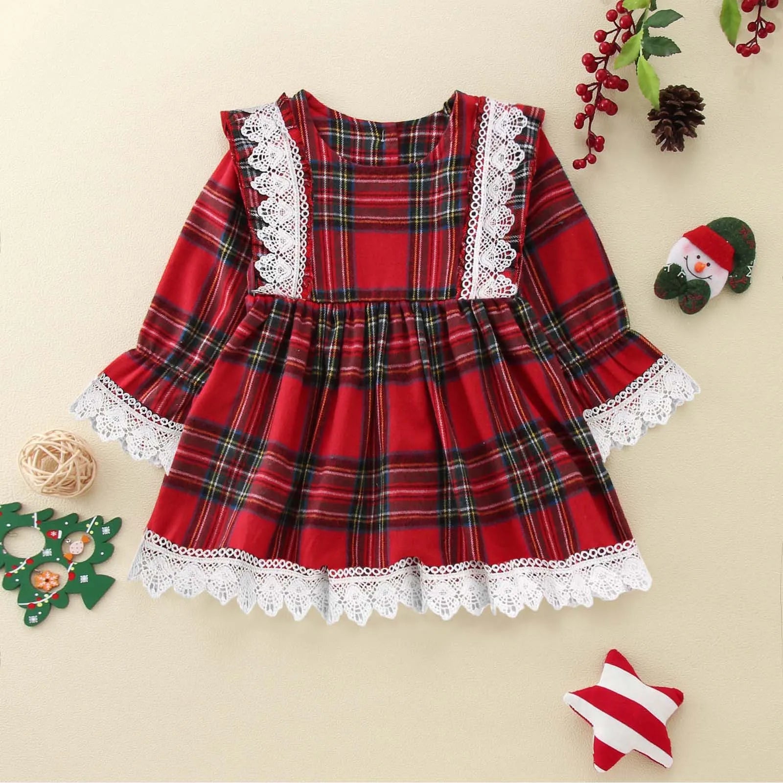 Baby Girl Dress 2025 Toddler Girls Christmas Long Sleeved Lace Plaid Printed Patchwork Dress Xmas Chiffon Outfit For Little Girl