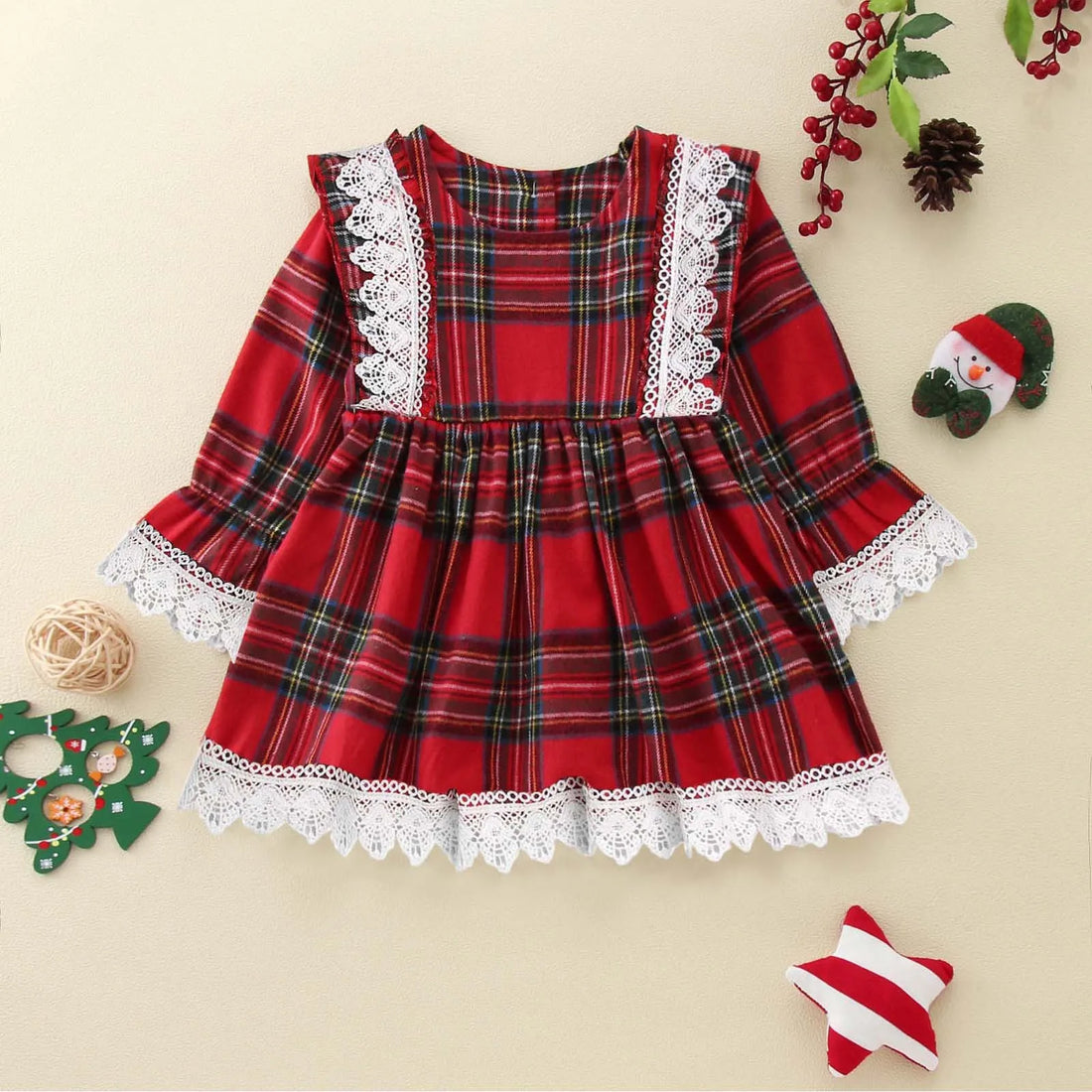 Baby Girl Dress 2025 Toddler Girls Christmas Long Sleeved Lace Plaid Printed Patchwork Dress Xmas Chiffon Outfit For Little Girl