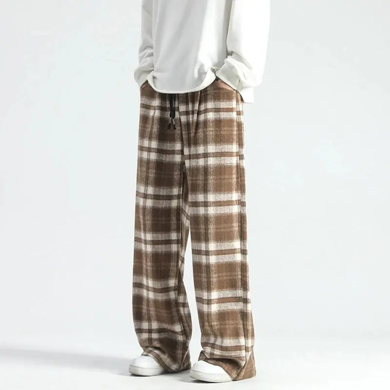 Vintage Plaid Pants Men's Loose Wide Leg Pants Autumn New Lazy Wind Straight-leg Leisure Trousers Male Jogger Sweatpant Halalzen UK