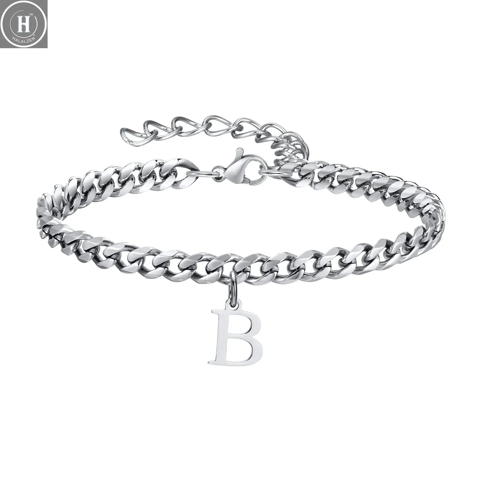 Mens Initials Cuban Links Bracelets,Stainless Steel A-Z 26 Letters Alphabet Charm Chain Wristband Adjustable,Casual Jewelry Gift HALALZEN
