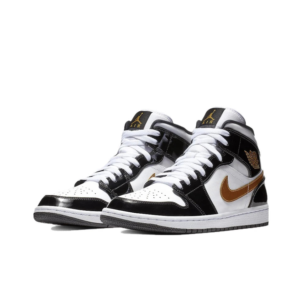 Original Air Jordan 1 Mid "Patent Black Gold" For and Men's Unisex Trend Retro Mid-Top Retro Classic Basketball Shoes