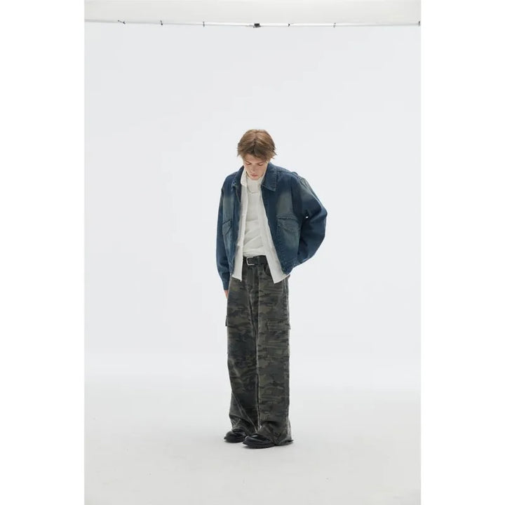 High Quality Washed Workwear Men's Denim Jackets, Lapel Cropped Mans Jeans Jacket, Vintage Oversized Zipper Coats
