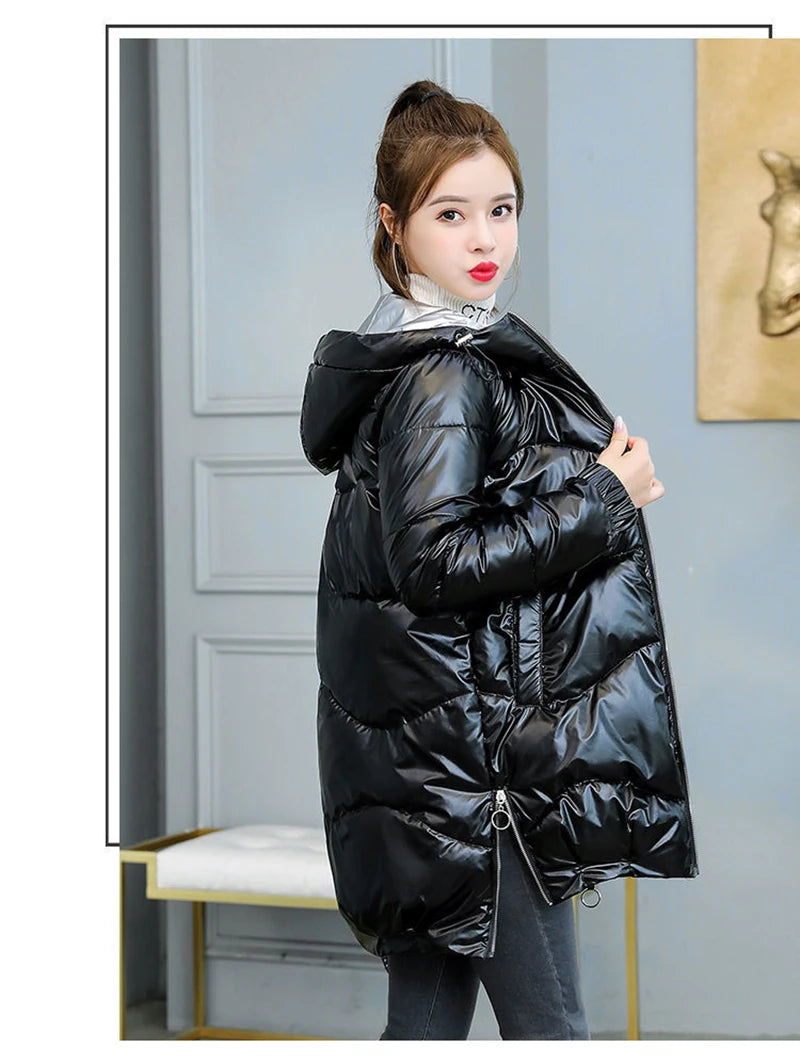 2024 New Women Jacket Winter Parkas Long Coat Fur Collar Hooded Glossy Overcoat Female Cotton Padded Parka Waterproof Outwear