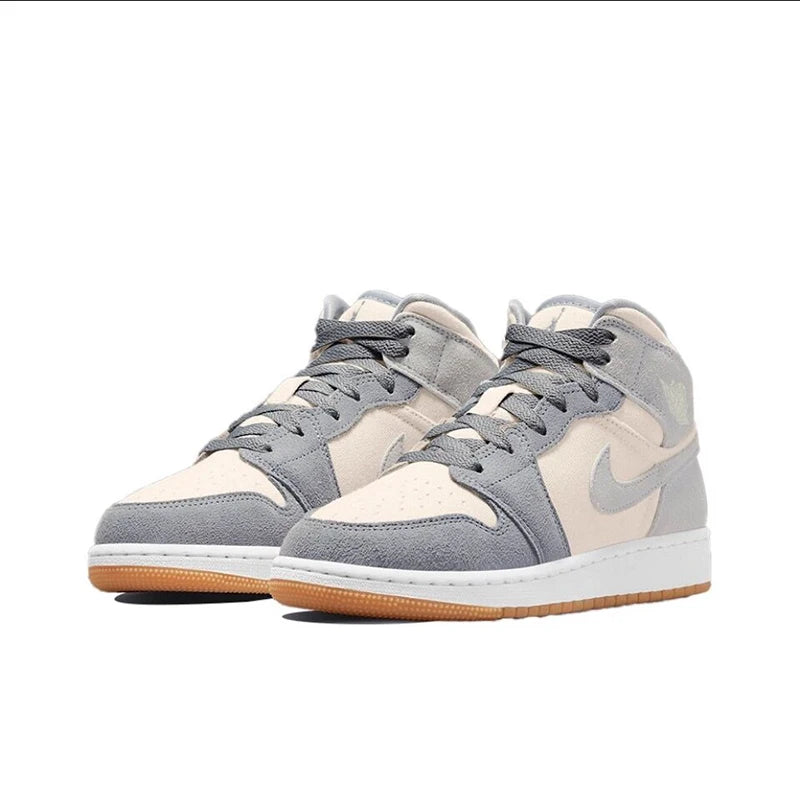 Original Air Jordan 1 Mid "Light Smoke Grey" "Wolf Grey"For Men's Retro Classic Basketball Sneakers Shoes