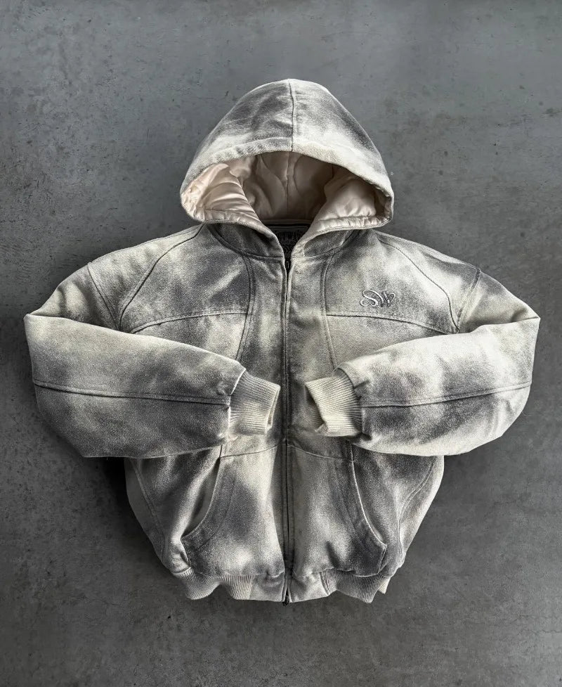 Retro High Street Washed Zipper Hoodie Goth Hip Hop Streetwear Women American Y2k Harajuku Fashion Oversized Sweatshirt Men