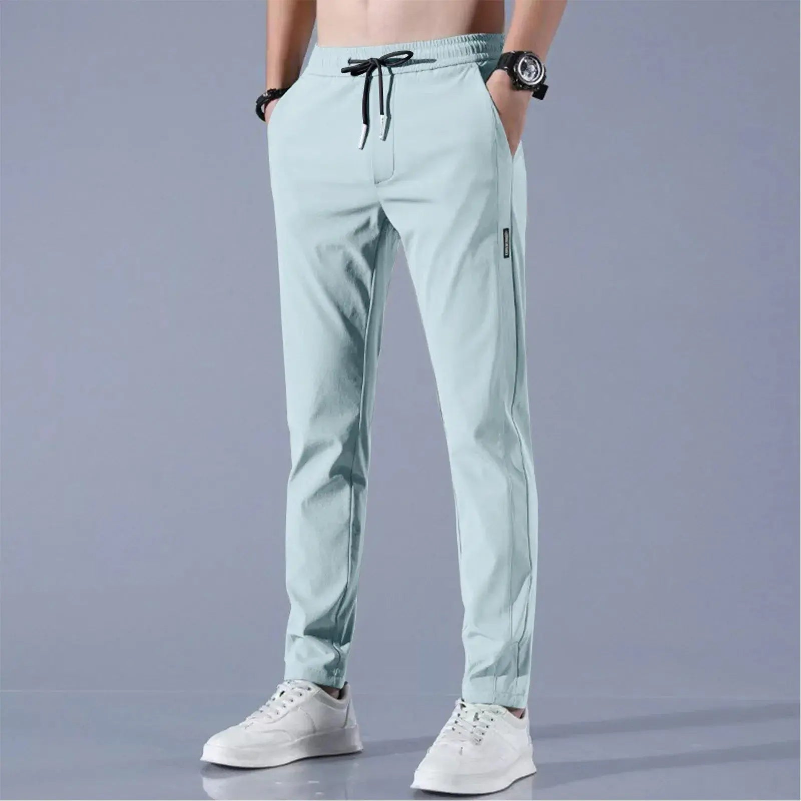 Men Fast Dry Stretch Pants Ice Silk Trousers Solid Color Mid-Waist Loose Breathable Straight-Leg Casual Pants Thin Sports Pants Halalzen UK
