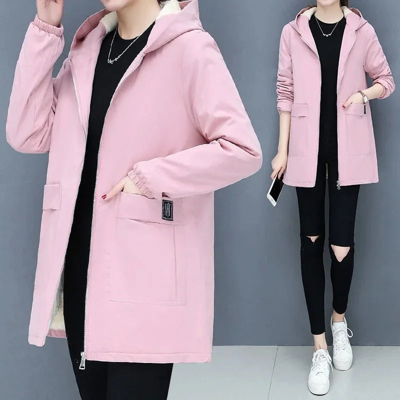 2024 New Winter Jacket Cotton Warm Puffer Coat Women Casual Parkas With Lining Plush hooded trench Outwear Women's Clothes