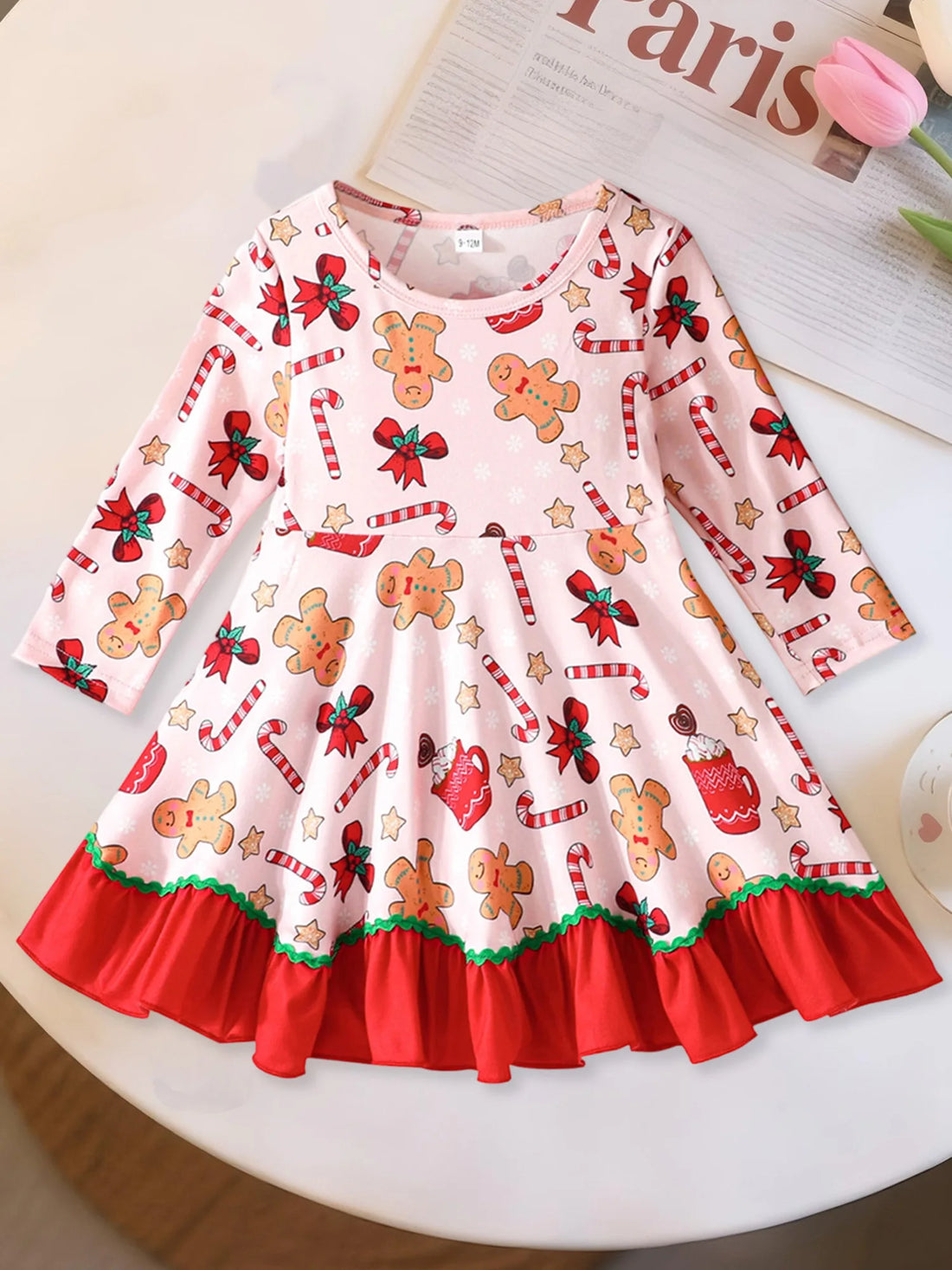Toddler Baby Girl Christmas Dress Long Sleeve Crew Neck Gingerbread Man Cane Candy Print Dress