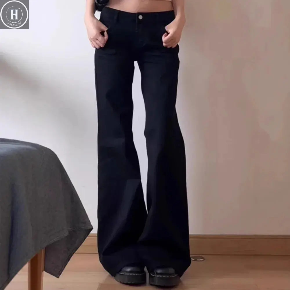 Plus Size American Style Spicy Girl Black Low Waist Wide Leg Micro Flared Jeans Women's Early Autumn Loose Fit Versatile Straigh Halalzen UK