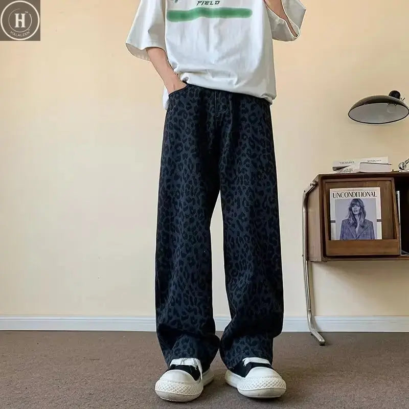 Retro American Style Men's Loose Fit Straight Leg Leopard Print Jeans Summer High Street Fashion Casual Cotton Denim Trousers Halalzen UK