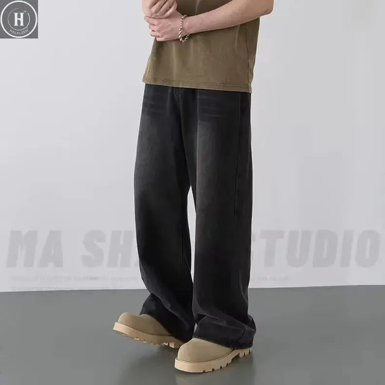 Spring Autumn Men's New Denim Pants Old Blue Washed Casual Jeans Menwear Loose New Fashion contrasting color Wide Leg Trousers HALALZEN