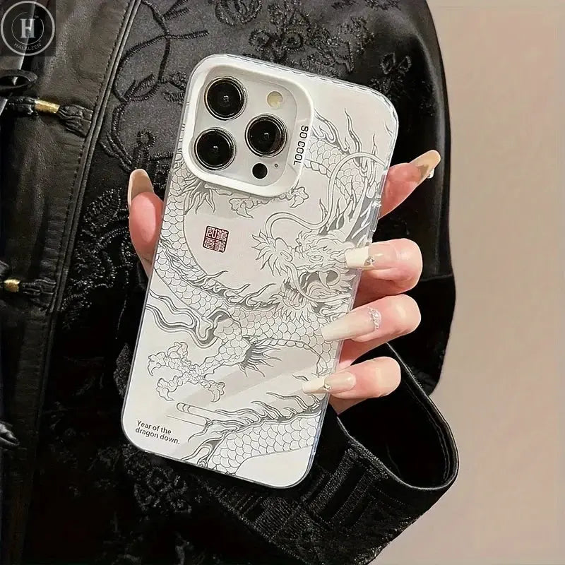 iPhone17 16 15 14 13 12 11Plus Pro Max case, high-end black and white dragon pattern print Halalzen UK