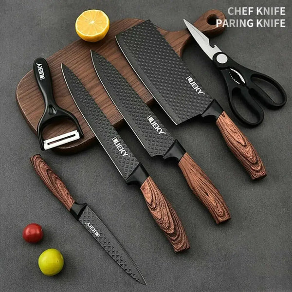 Kitchen Knives Sets Stainless Steel Forged Kitchen Chef Knife Set Scissors Peeler Slicer Nakiri Paring Knife Diamond Pattern Halalzen