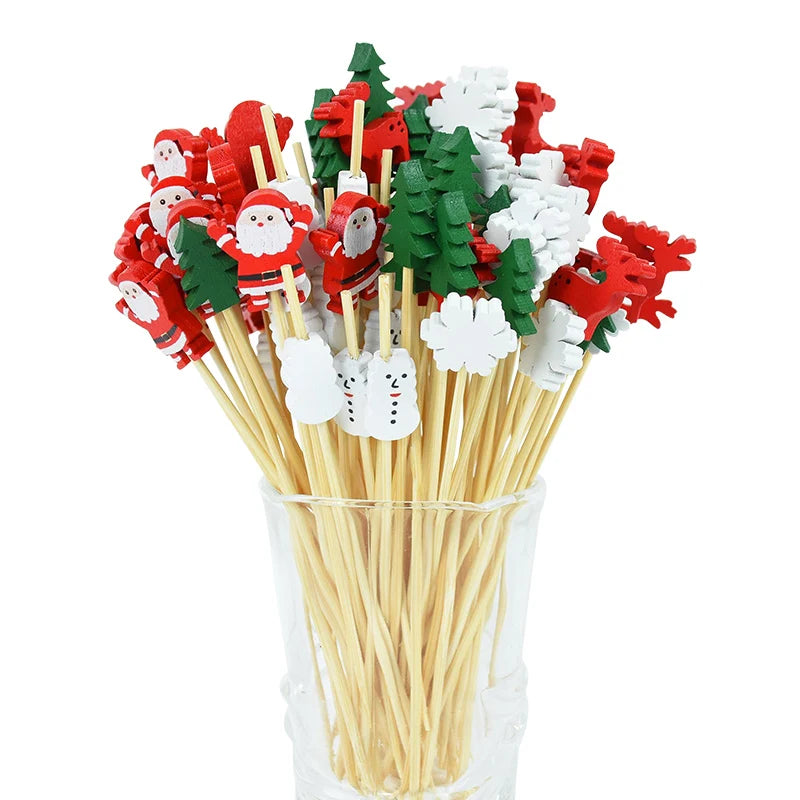 50Pcs Christmas Bamboo Food Picks Toothpicks Santa Dessert Buffet Fruit Salad Christmas Decoration New Year Xmas Party Supplies